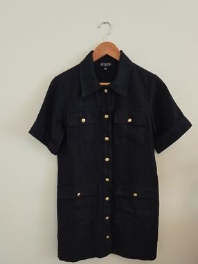 J. Crew Black Short-Sleeve Button-Front Mini Dress with Gold Buttons